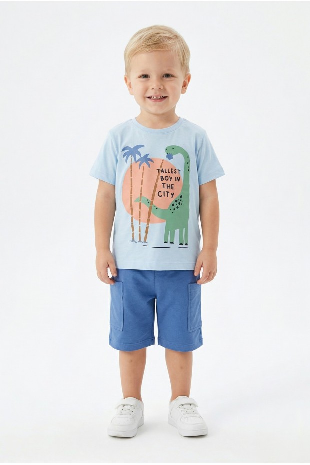 Bebek Dinozor Baskılı %100 Cotton Süprem Kumaş Kısa Kollu Tişört Ve Şortlu Takım 
