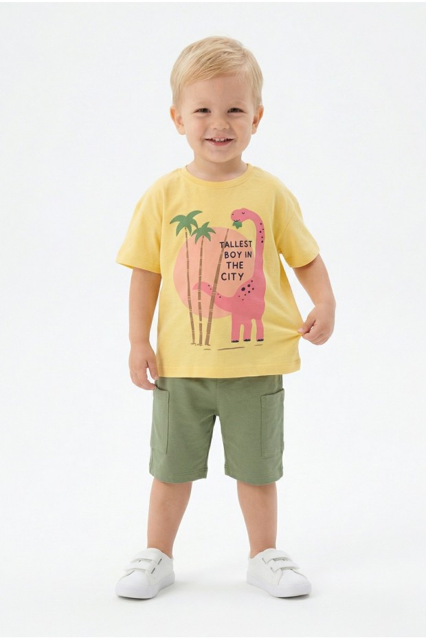 Bebek Dinozor Baskılı %100 Cotton Süprem Kumaş Kısa Kollu Tişört Ve Şortlu Takım 
