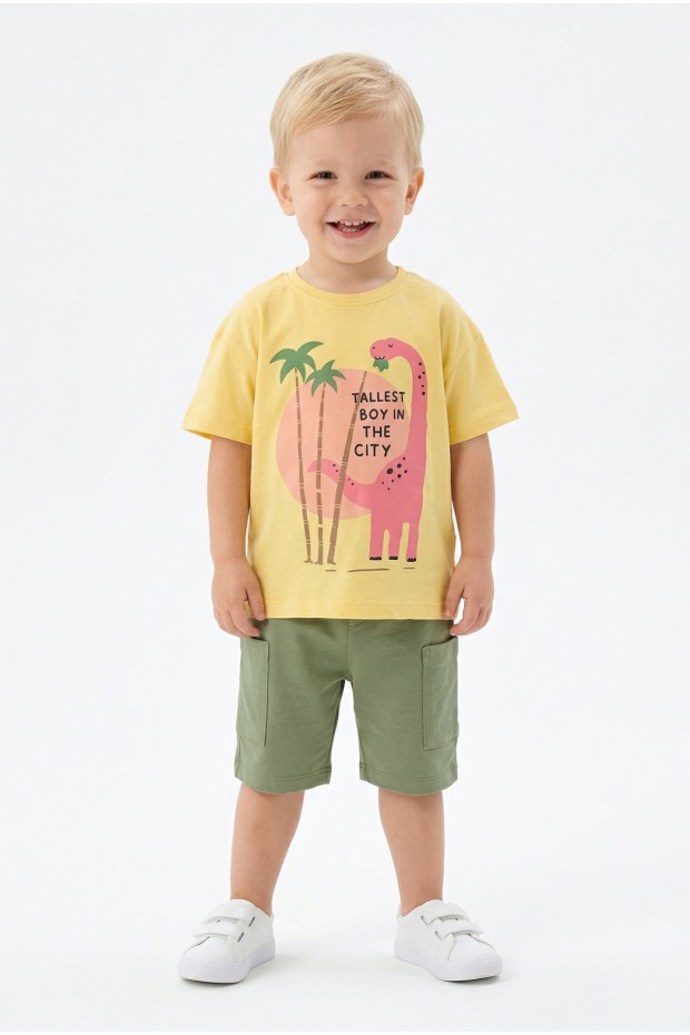 Bebek Dinozor Baskılı %100 Cotton Süprem Kumaş Kısa Kollu Tişört Ve Şortlu Takım 