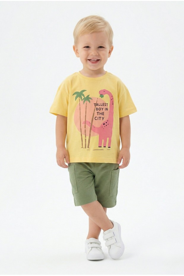 Bebek Dinozor Baskılı %100 Cotton Süprem Kumaş Kısa Kollu Tişört Ve Şortlu Takım 