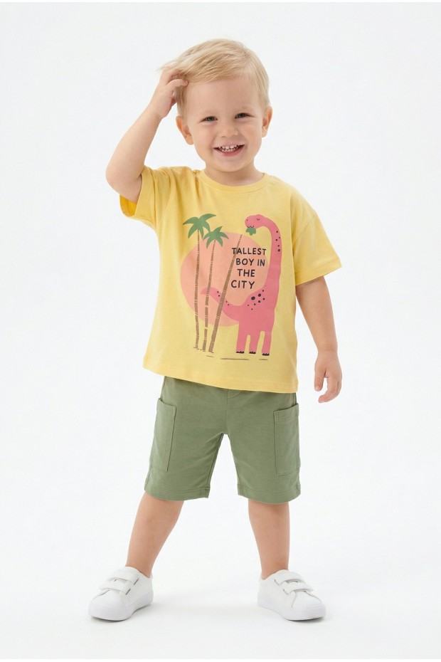Bebek Dinozor Baskılı %100 Cotton Süprem Kumaş Kısa Kollu Tişört Ve Şortlu Takım 
