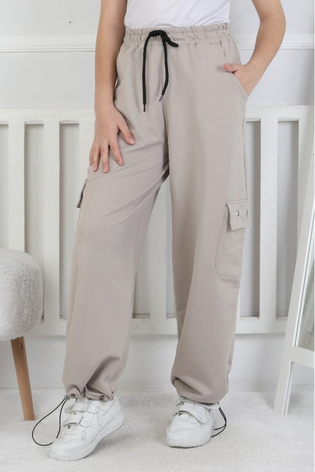 İki İplik Baskılı Kargo Çepli Kız Çocuk Eşofman Altı