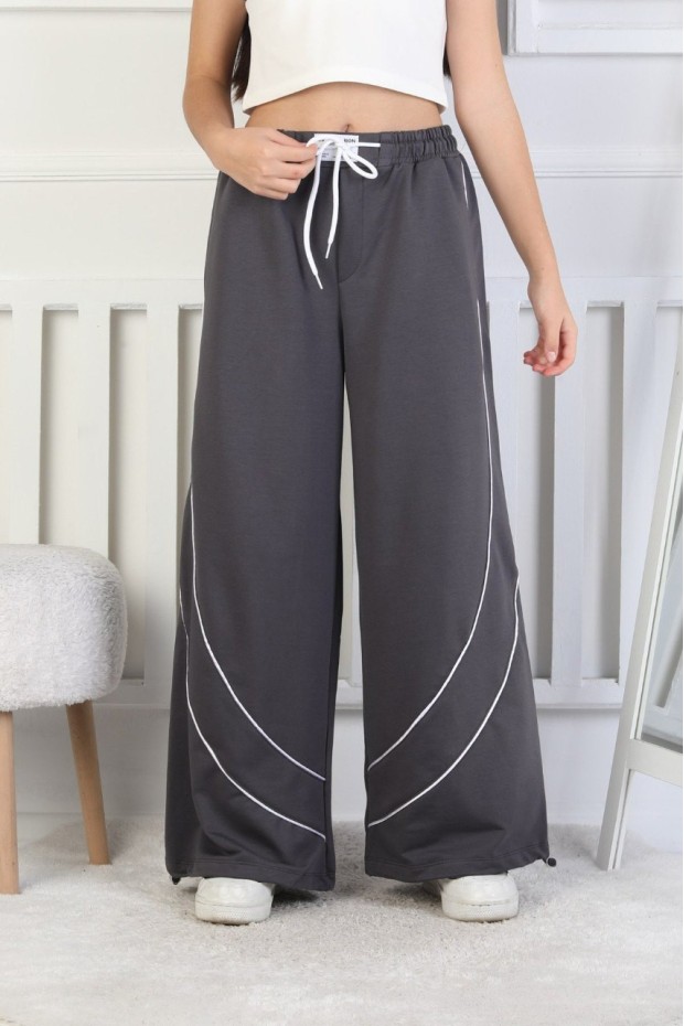 İki İplik Baskılı Çapraz Çizgili Kız Çocuk Eşofman Altı 