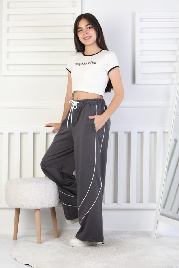 İki İplik Baskılı Çapraz Çizgili Kız Çocuk Eşofman Altı 