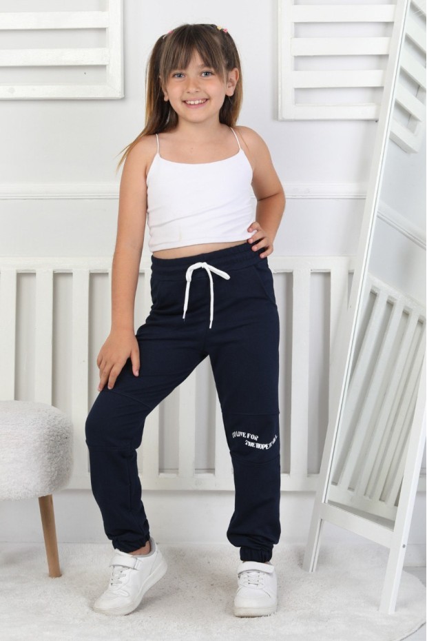 İki İplik Baskılı Kız Çocuk Lastikli Paça Eşofman Altı