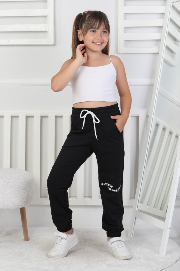 İki İplik Baskılı Kız Çocuk Lastikli Paça Eşofman Altı