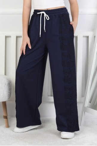 İki İplik Güpürlü Bol Paça Kız Çocuk Eşofman Altı 