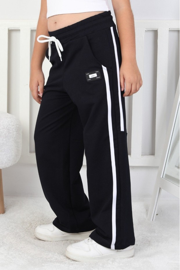 İki İplik Bol Paça Dik Çizgili Kız Çocuk Eşofman Altı