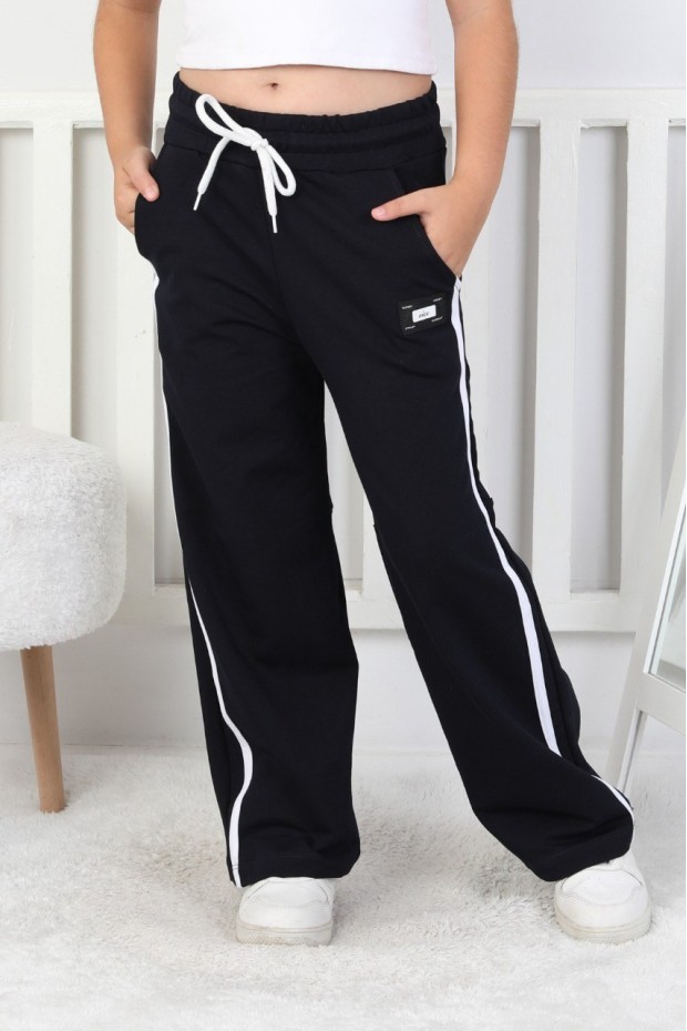 İki İplik Bol Paça Dik Çizgili Kız Çocuk Eşofman Altı 