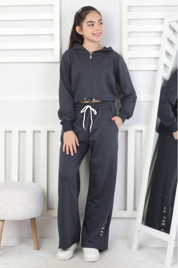 Kapüşonlu Fermuarlı Bol Paça Kız Çocuk Takım