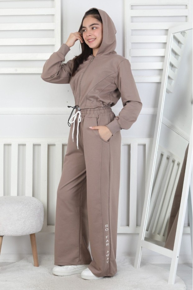 Kapüşonlu Fermuarlı Bol Paça Kız Çocuk Takım