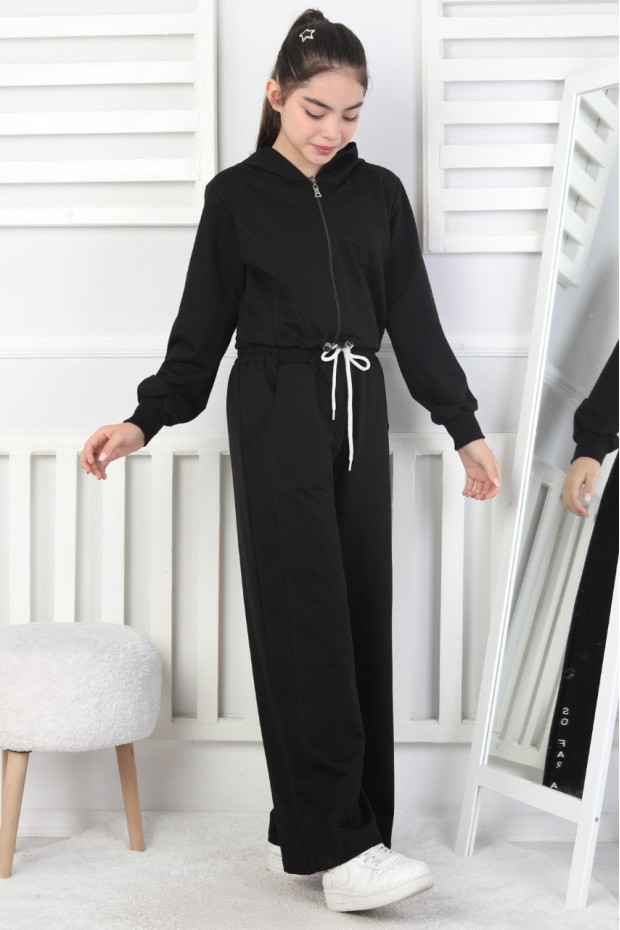 Kapüşonlu Fermuarlı Bol Paça Kız Çocuk Takım