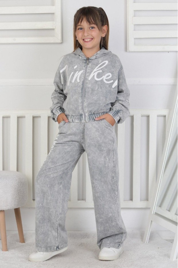 Yıkamalı Kapüşonlu Baskılı Kız Çocuk Takım
