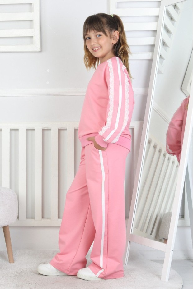 İki İplik Güpürlü Çizgili Kız Çocuk Takım 