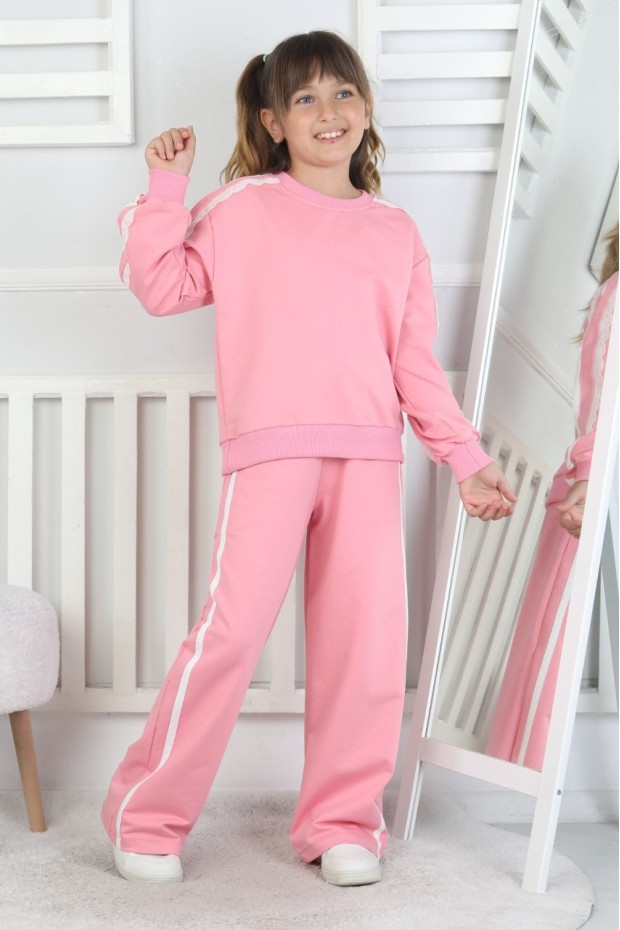 İki İplik Güpürlü Çizgili Kız Çocuk Takım 