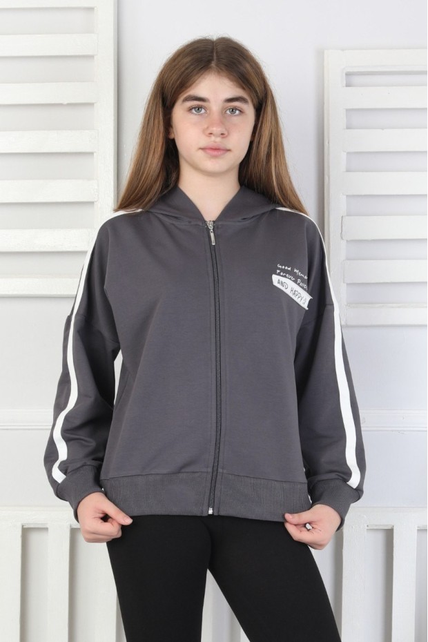 Kapüşonlu Fermuarlı Baskılı Kız Çocuk Sweatshirt
