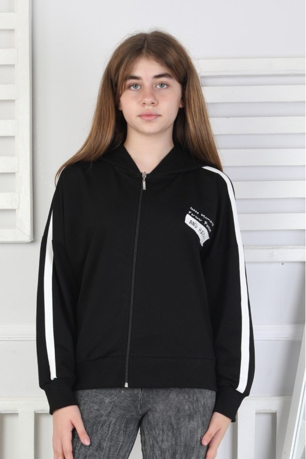 Kapüşonlu Fermuarlı Baskılı Kız Çocuk Sweatshirt