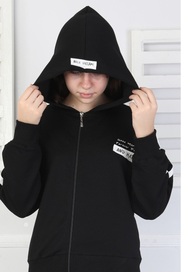 Kapüşonlu Fermuarlı Baskılı Kız Çocuk Sweatshirt