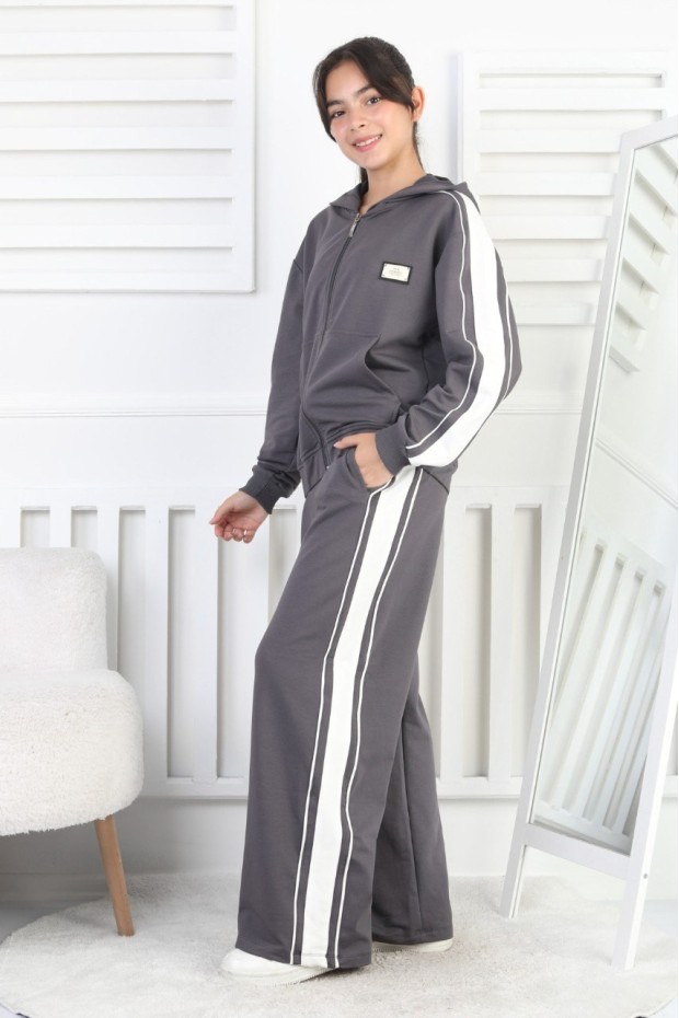 İki İplik Çizgili Kapşonlu Fermuarlı Kız Çocuk Takım