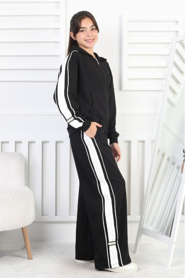 İki İplik Çizgili Kapşonlu Fermuarlı Kız Çocuk Takım