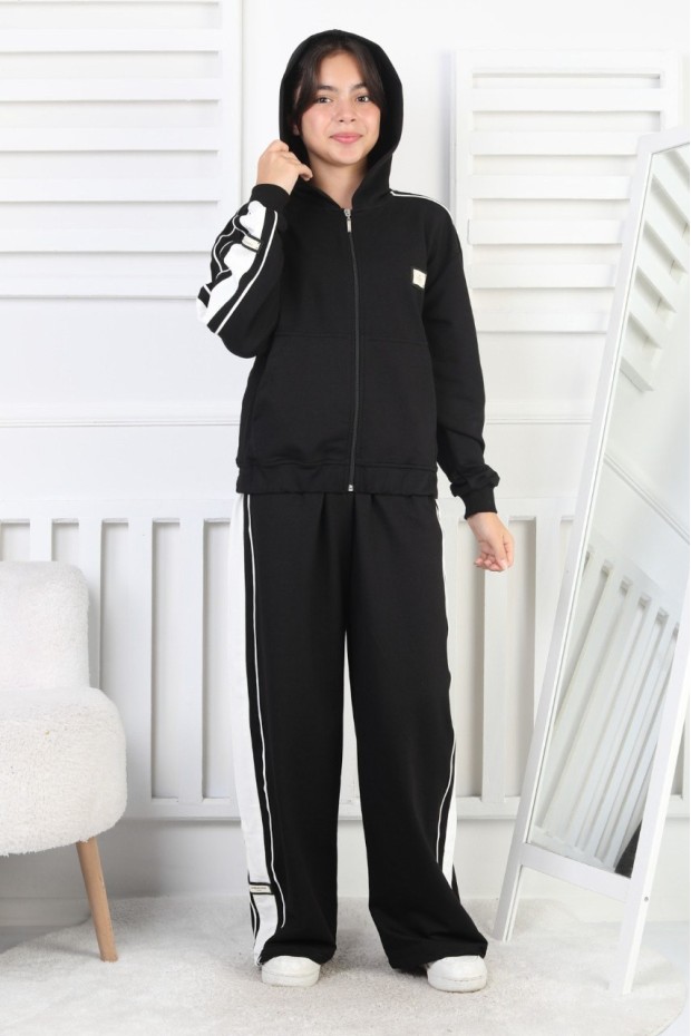 İki İplik Çizgili Kapşonlu Fermuarlı Kız Çocuk Takım