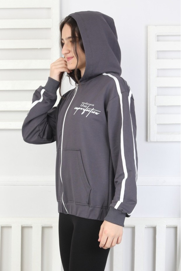 Kapüşonlu Fermuarlı Baskılı Kız Çocuk Sweatshirt