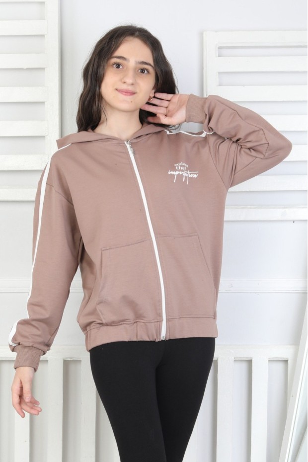 Kapüşonlu Fermuarlı Baskılı Kız Çocuk Sweatshirt