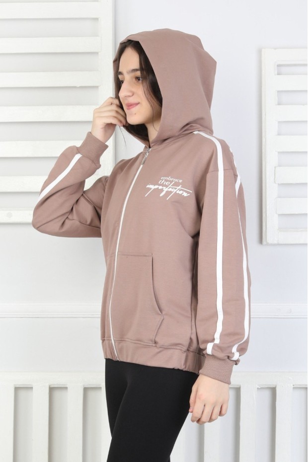 Kapüşonlu Fermuarlı Baskılı Kız Çocuk Sweatshirt