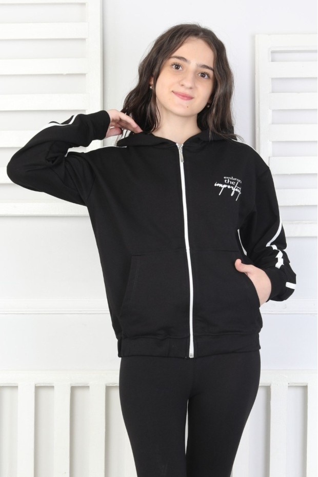 Kapüşonlu Fermuarlı Baskılı Kız Çocuk Sweatshirt