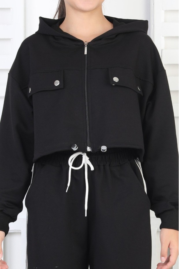 İki İplik Kargo Cepli Croplu Kız Çocuk Takım 