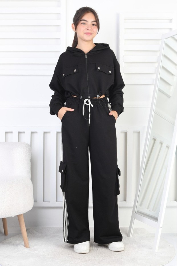 İki İplik Kargo Cepli Croplu Kız Çocuk Takım 