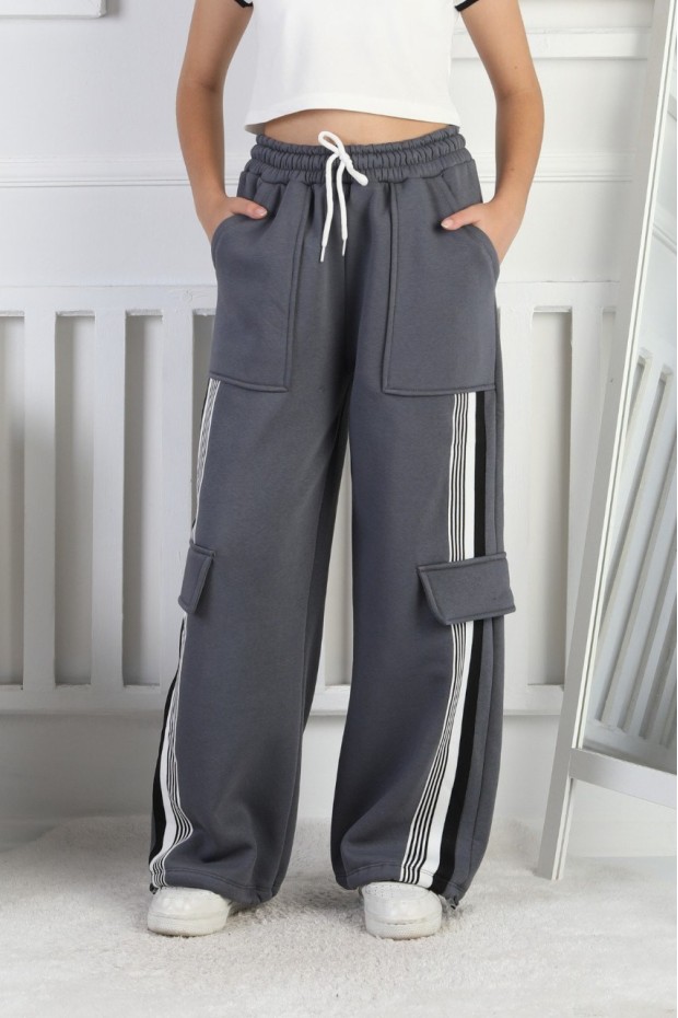 Üç İplik Şardonlu Kargo Çep Detaylı Bol Paça Kız Çocuk Eşofman Altı