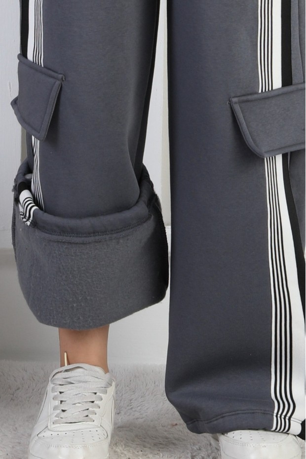 Üç İplik Şardonlu Kargo Çep Detaylı Bol Paça Kız Çocuk Eşofman Altı