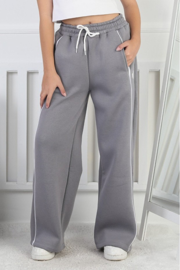 Üç İplik Şardonlu Bol Paça Tek Çizgi Kız Çocuk Eşofman Altı