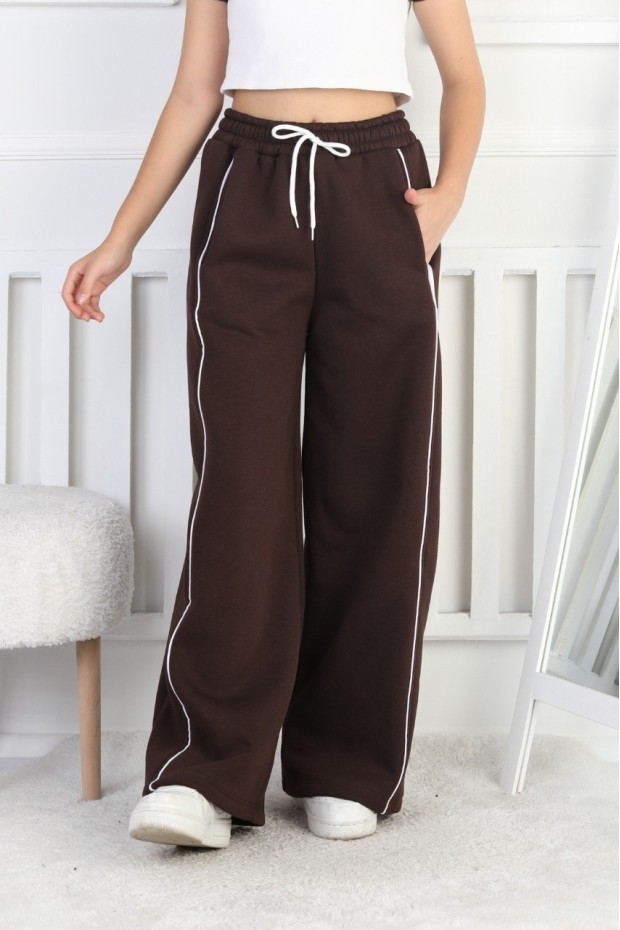 Üç İplik Şardonlu Bol Paça Tek Çizgi Kız Çocuk Eşofman Altı