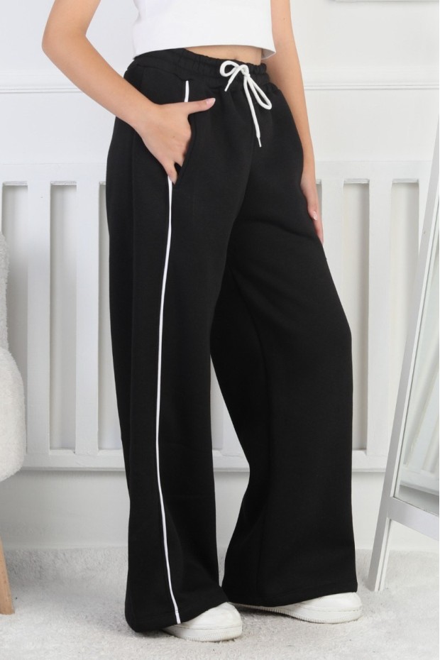 Üç İplik Şardonlu Bol Paça Tek Çizgi Kız Çocuk Eşofman Altı