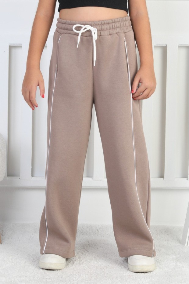 Üç İplik Şardonlu Bol Paça Tek Çizgi Kız Çocuk Eşofman Altı