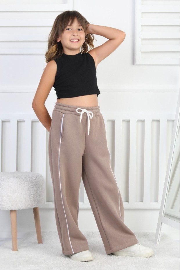 Üç İplik Şardonlu Bol Paça Tek Çizgi Kız Çocuk Eşofman Altı