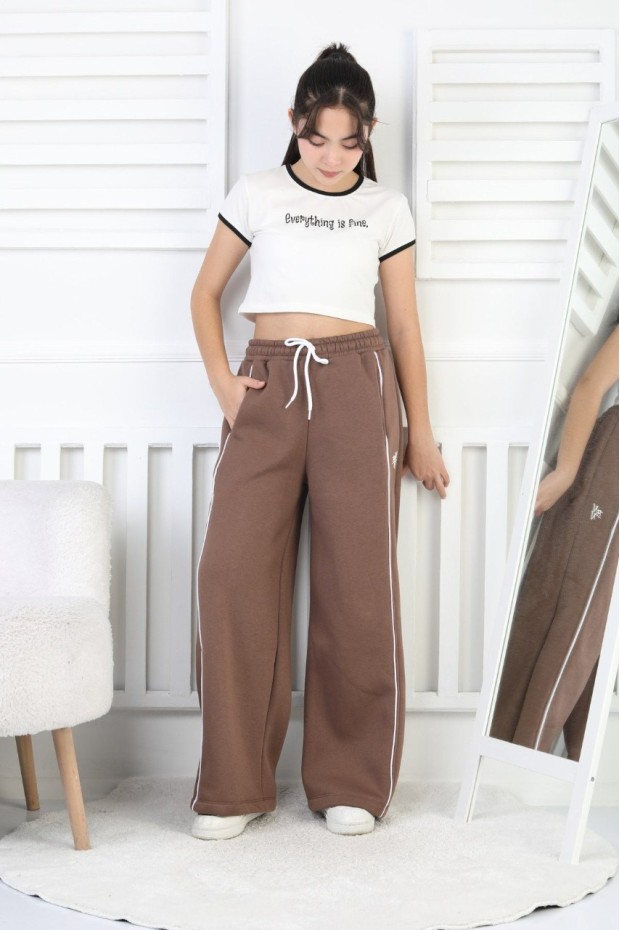 Üç İplik Şardonlu Bol Paça Tek Çizgi Kız Çocuk Eşofman Altı 