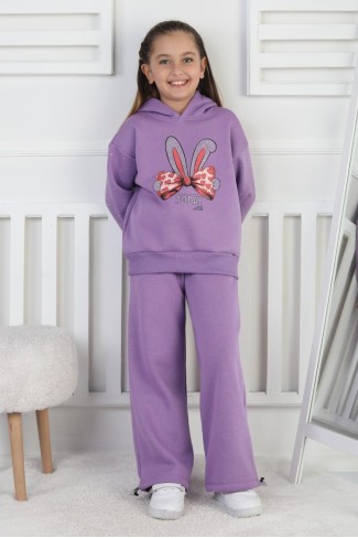 Üç İplik Şardonlu Baskılı Kapüşonlu Kız Çocuk Takım 