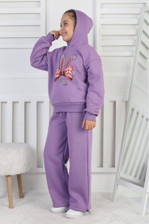 Üç İplik Şardonlu Baskılı Kapüşonlu Kız Çocuk Takım 