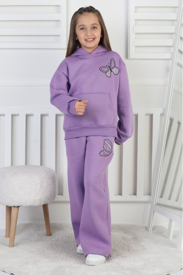 Üç İplik Şardonlu Baskılı Kapüşonlu Kız Çocuk Takım 