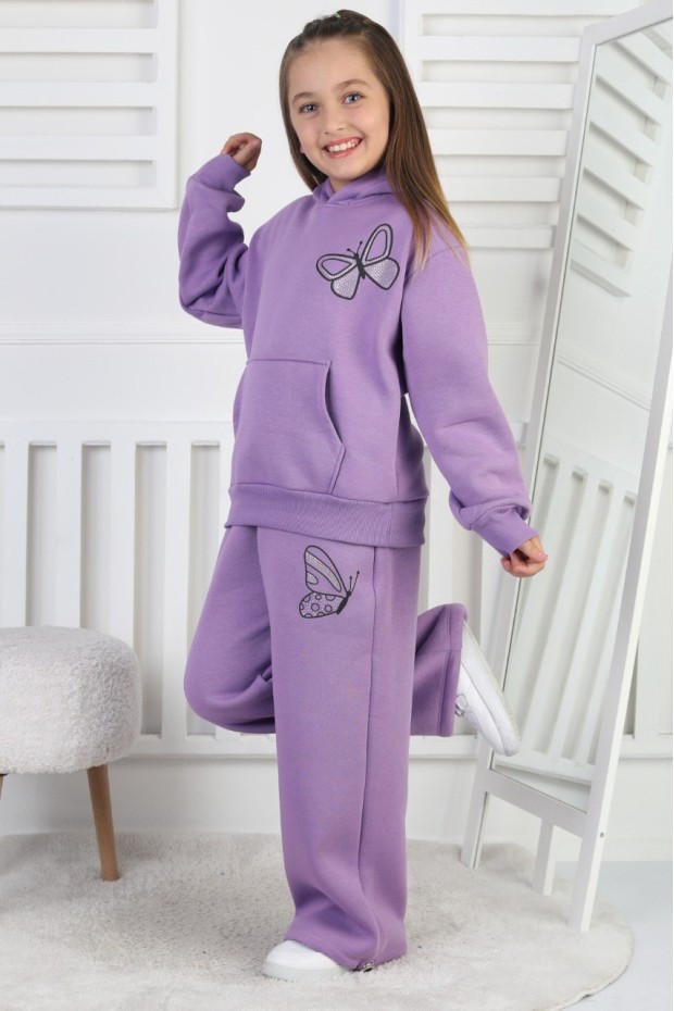 Üç İplik Şardonlu Baskılı Kapüşonlu Kız Çocuk Takım 