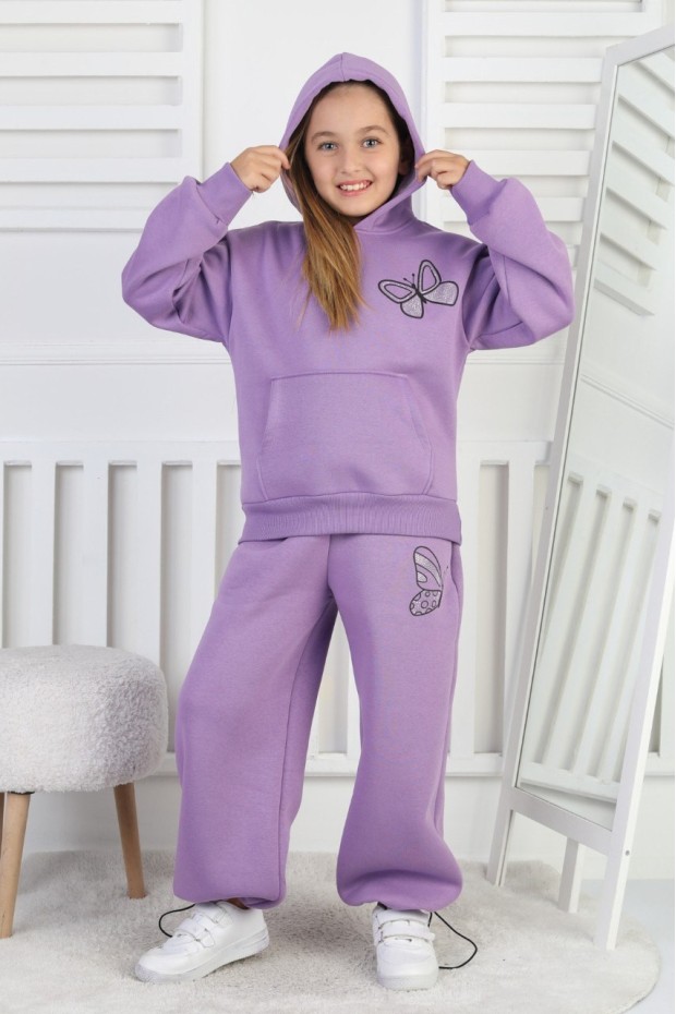 Üç İplik Şardonlu Baskılı Kapüşonlu Kız Çocuk Takım 