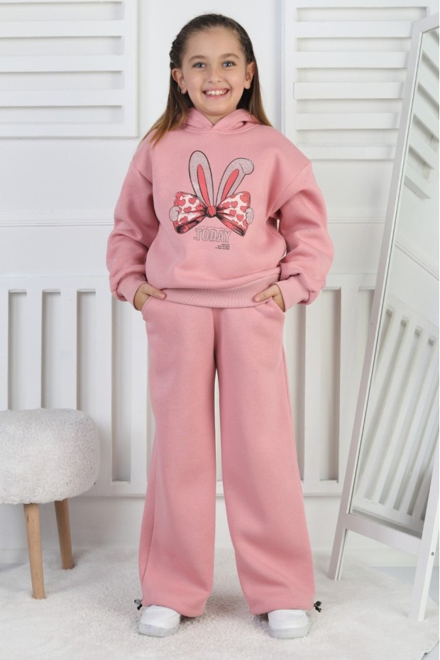 Üç İplik Şardonlu Baskılı Kapüşonlu Kız Çocuk Takım