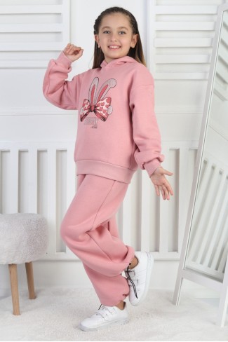 Üç İplik Şardonlu Baskılı Kapüşonlu Kız Çocuk Takım