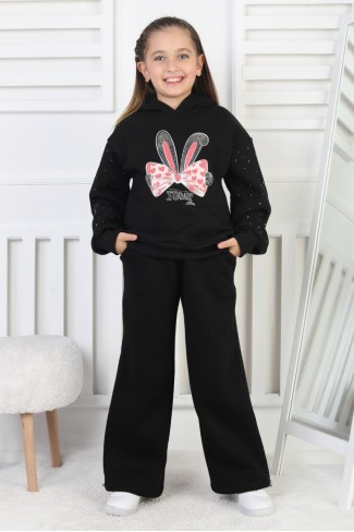 Üç İplik Şardonlu Baskılı Kapüşonlu Kız Çocuk Takım