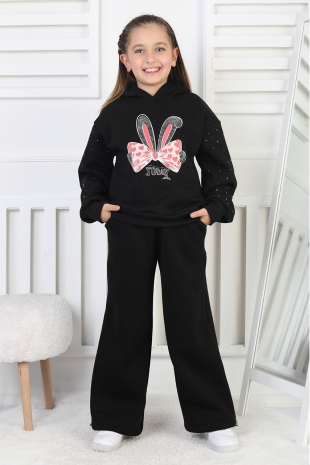 Üç İplik Şardonlu Baskılı Kapüşonlu Kız Çocuk Takım