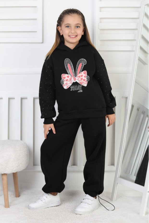 Üç İplik Şardonlu Baskılı Kapüşonlu Kız Çocuk Takım