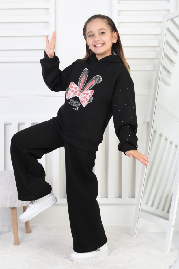 Üç İplik Şardonlu Baskılı Kapüşonlu Kız Çocuk Takım